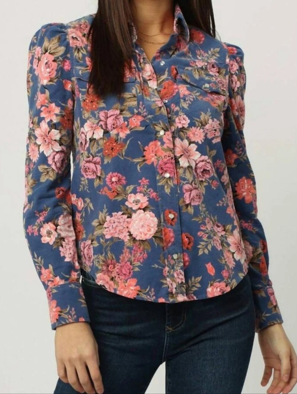Dear John Pearl Snap Button Up Shirt Cottagecore Long Puff Sleeve Corduroy Sz M